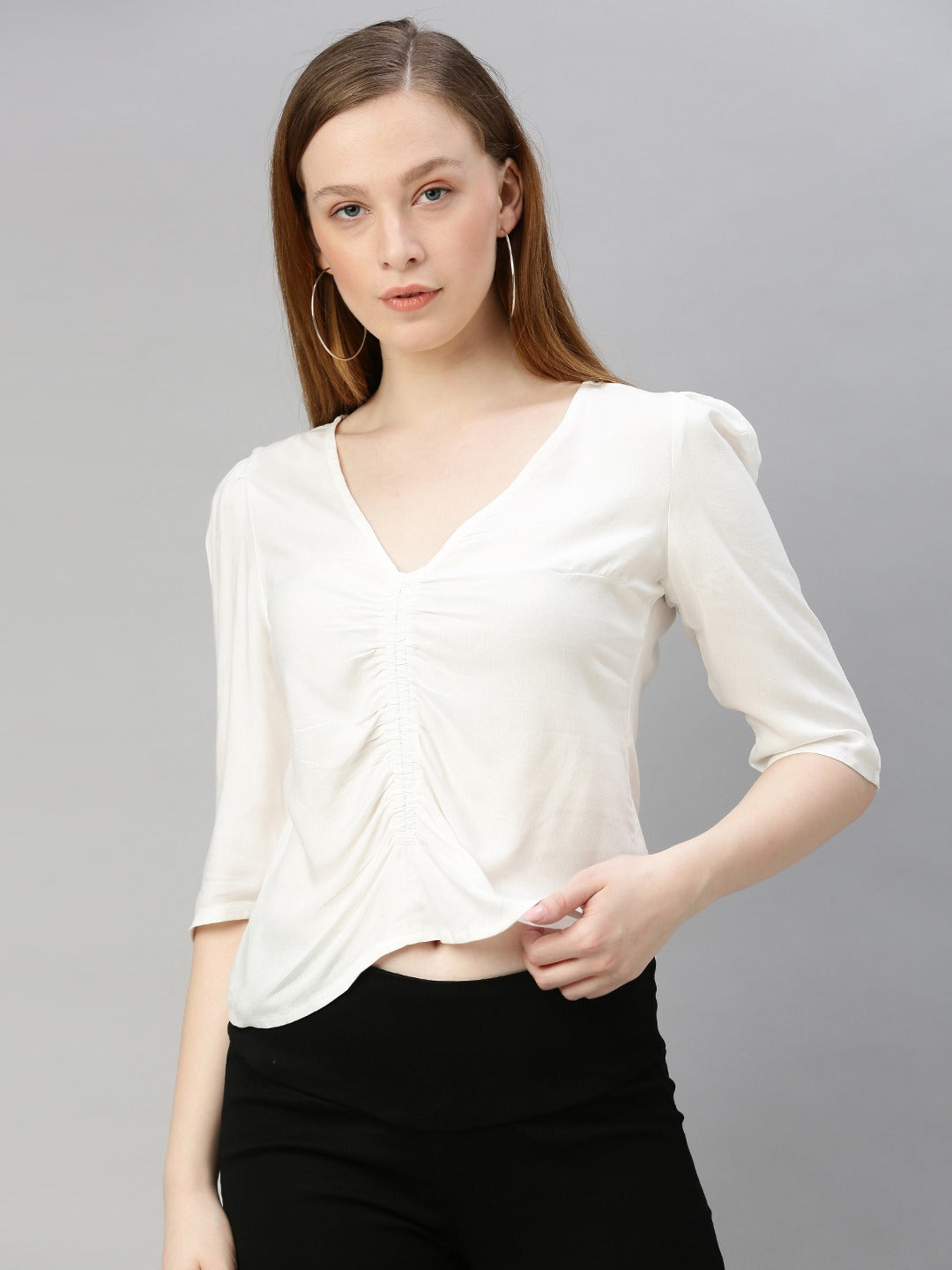 White Solid Front Ruched Top