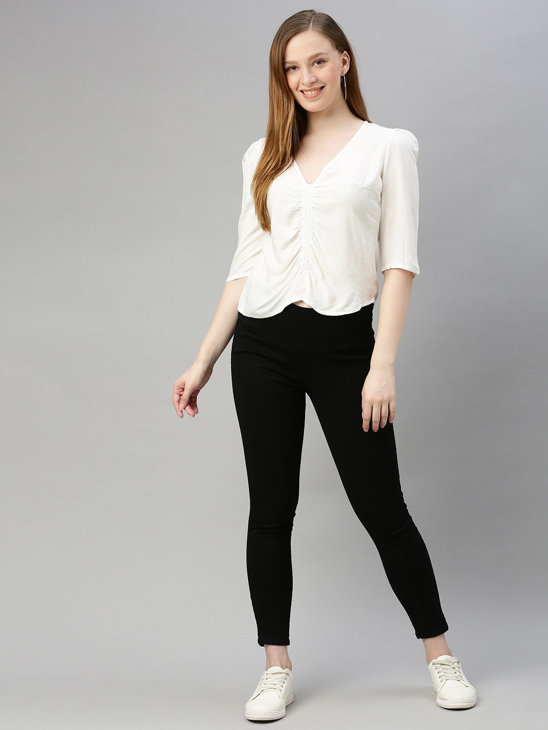 White Solid Front Ruched Top