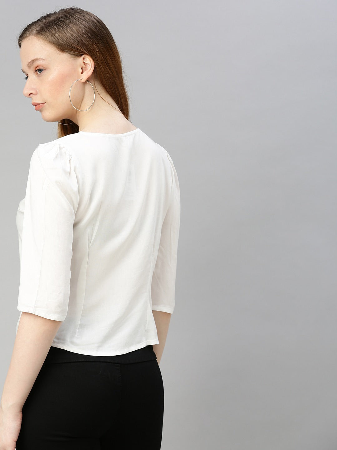 White Solid Front Ruched Top