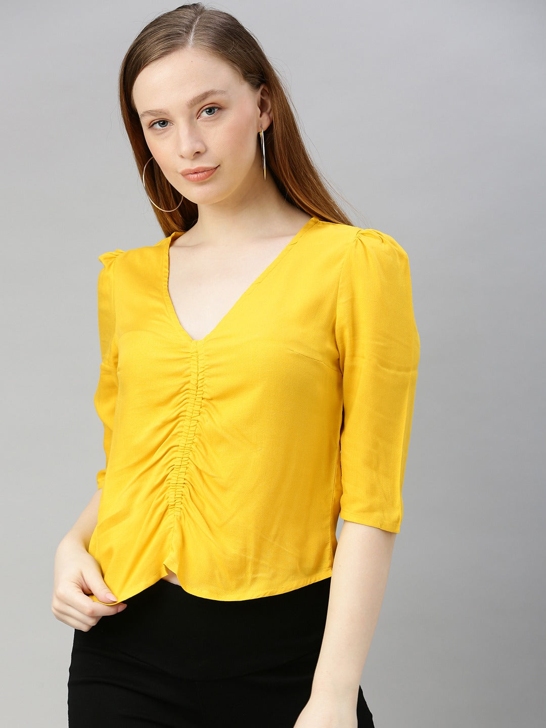 Yellow Solid Front Ruched Top