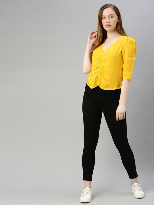 Yellow Solid Front Ruched Top