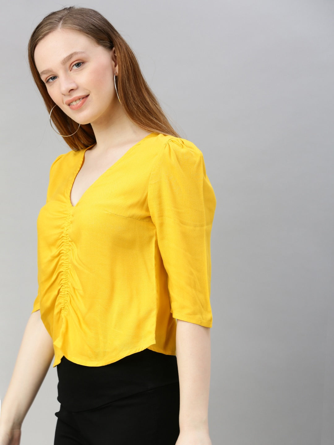 Yellow Solid Front Ruched Top