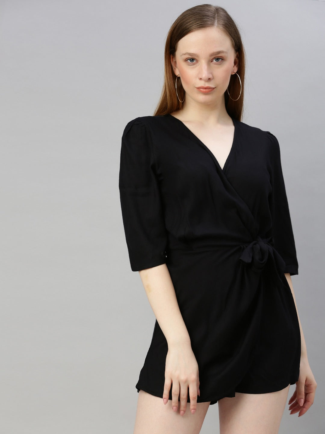Black Solid Playsuit with Side Knot