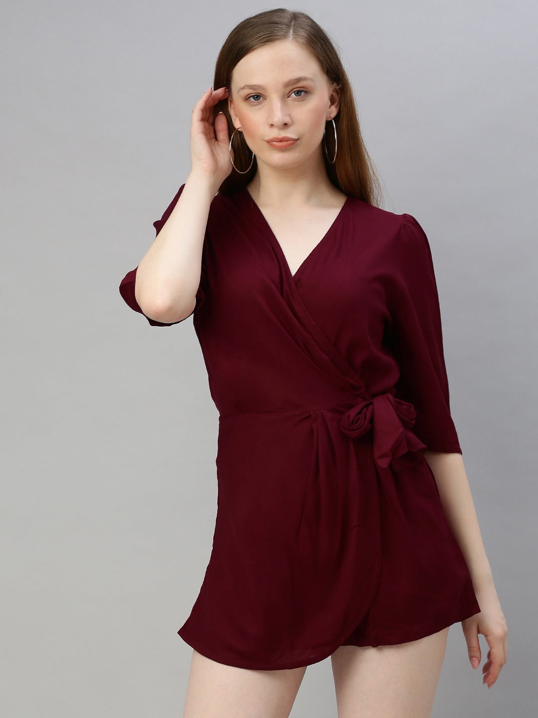 Burgundy Solid Playsuit with Side Knot