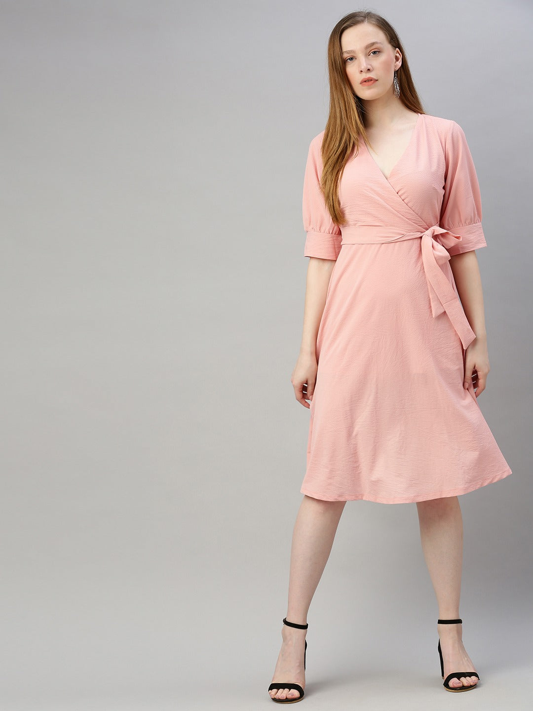 Pink Solid Wrap Dress with Waist Tie-Up