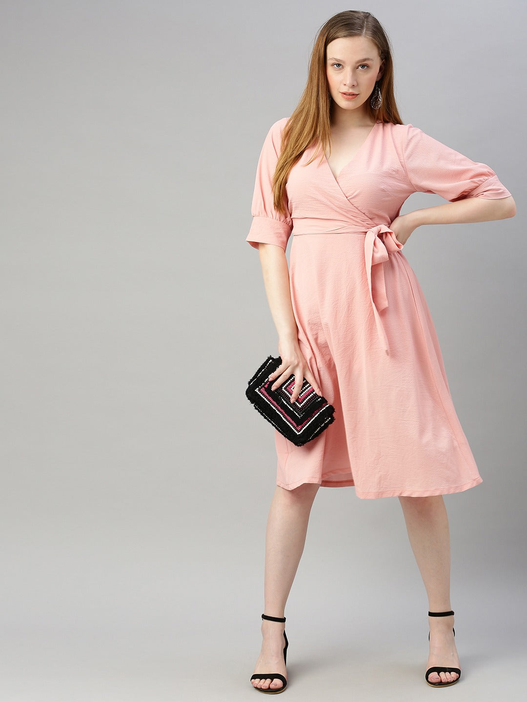 Pink Solid Wrap Dress with Waist Tie-Up