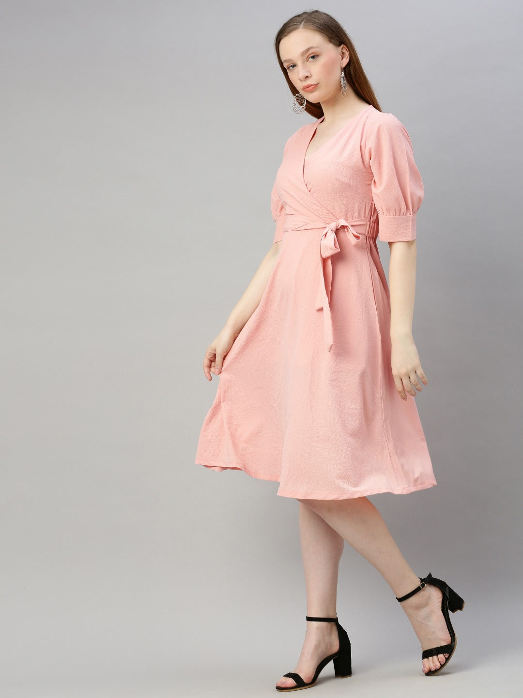 Pink Solid Wrap Dress with Waist Tie-Up