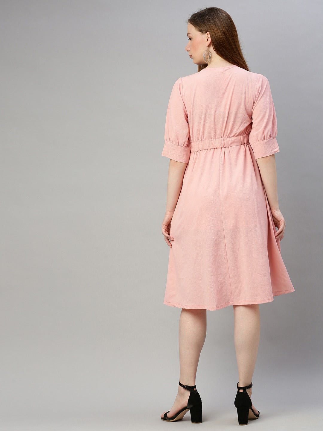 Pink Solid Wrap Dress with Waist Tie-Up