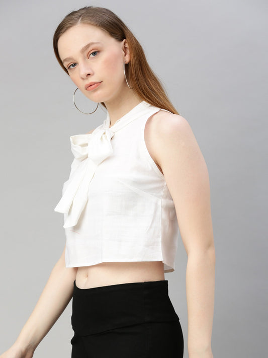 White Self Design Tie-Up Neck Cropped Top