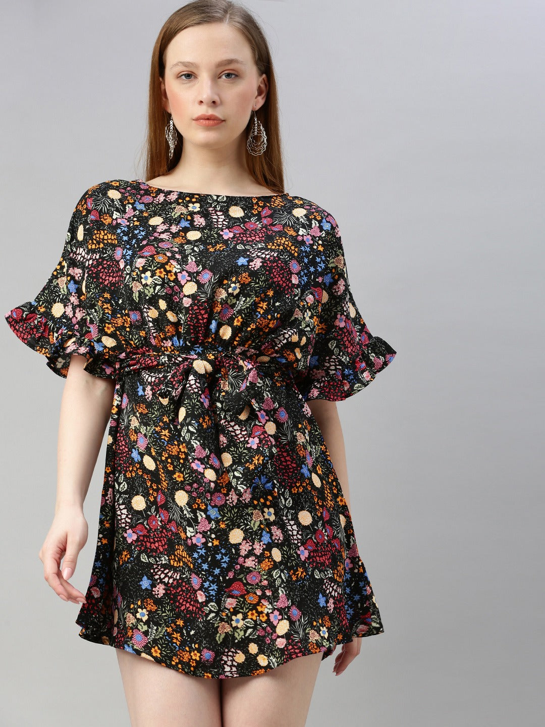 Multicoloured Floral Printed Waist Tie-Up Fit and Flare Dress
