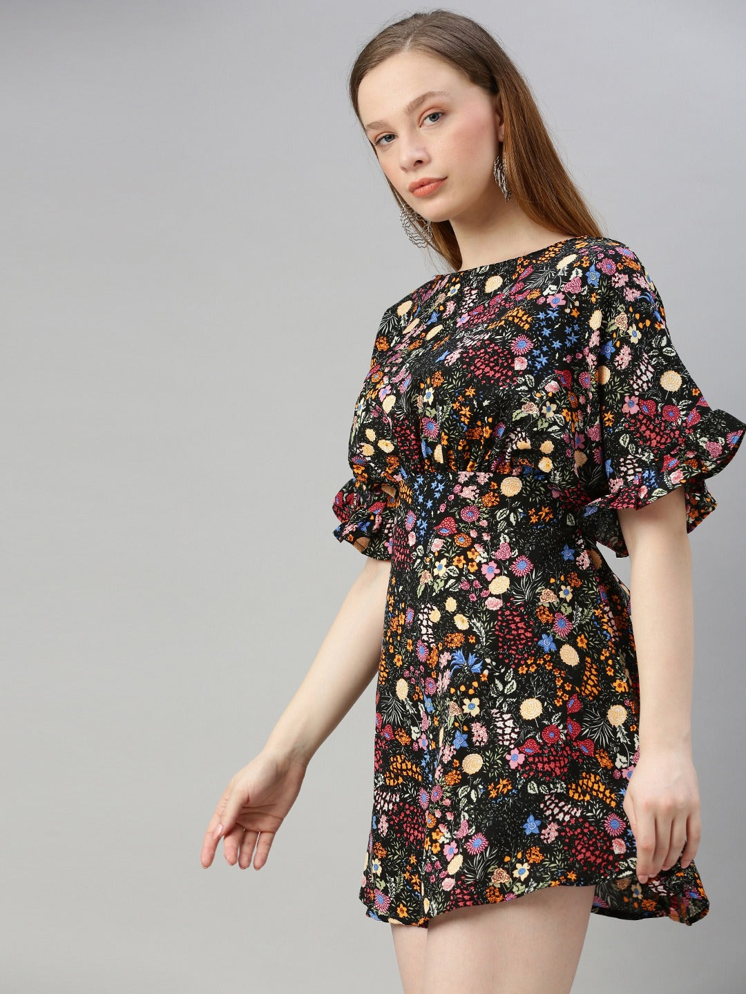 Multicoloured Floral Printed Waist Tie-Up Fit and Flare Dress