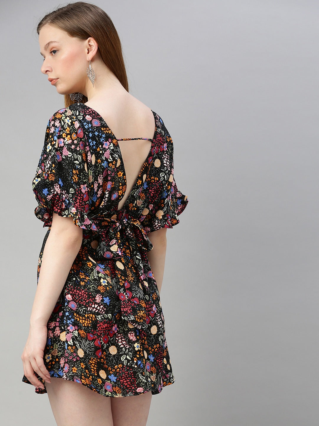 Multicoloured Floral Printed Waist Tie-Up Fit and Flare Dress