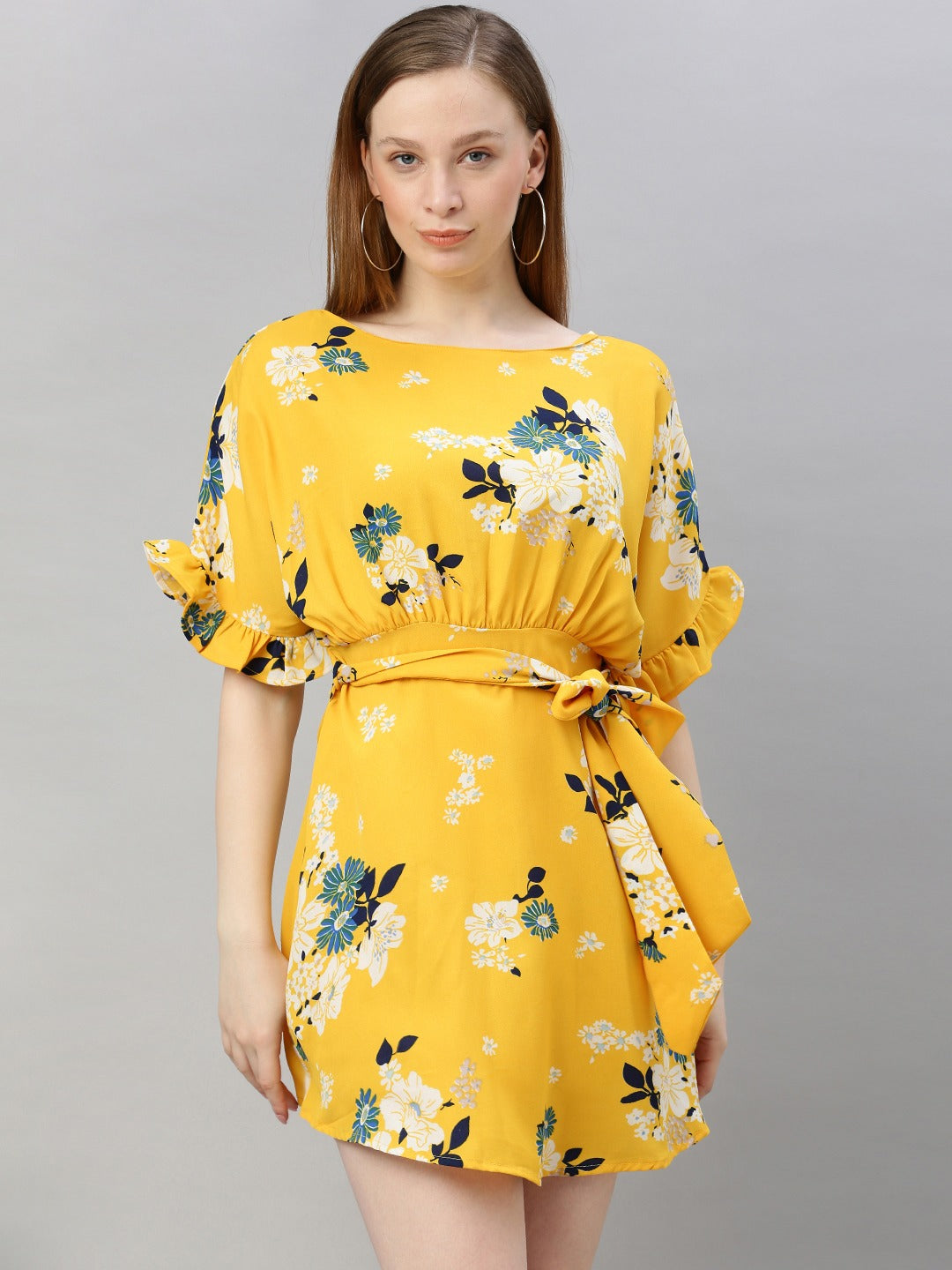 Yellow Floral Printed Side Knot Fit and Flare Dress