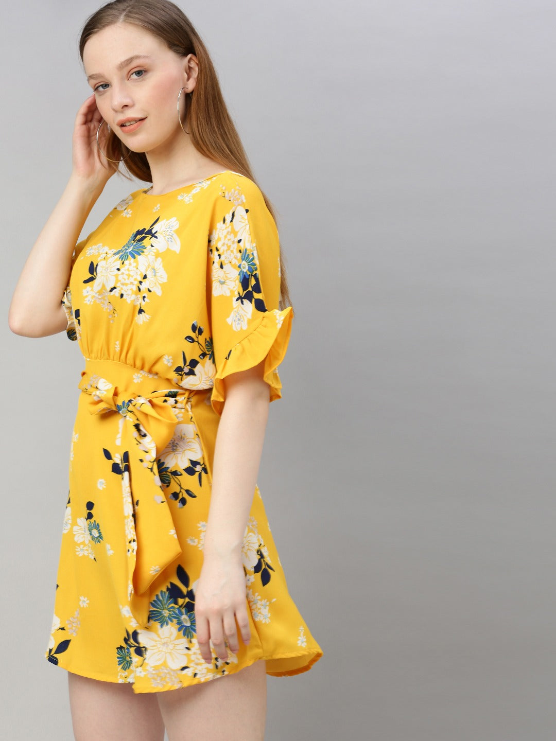 Yellow Floral Printed Side Knot Fit and Flare Dress
