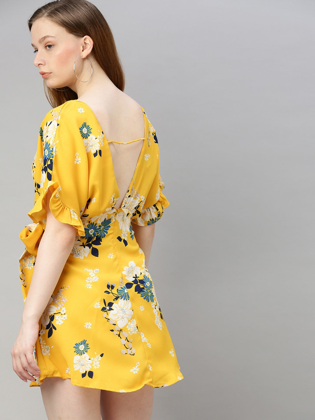 Yellow Floral Printed Side Knot Fit and Flare Dress