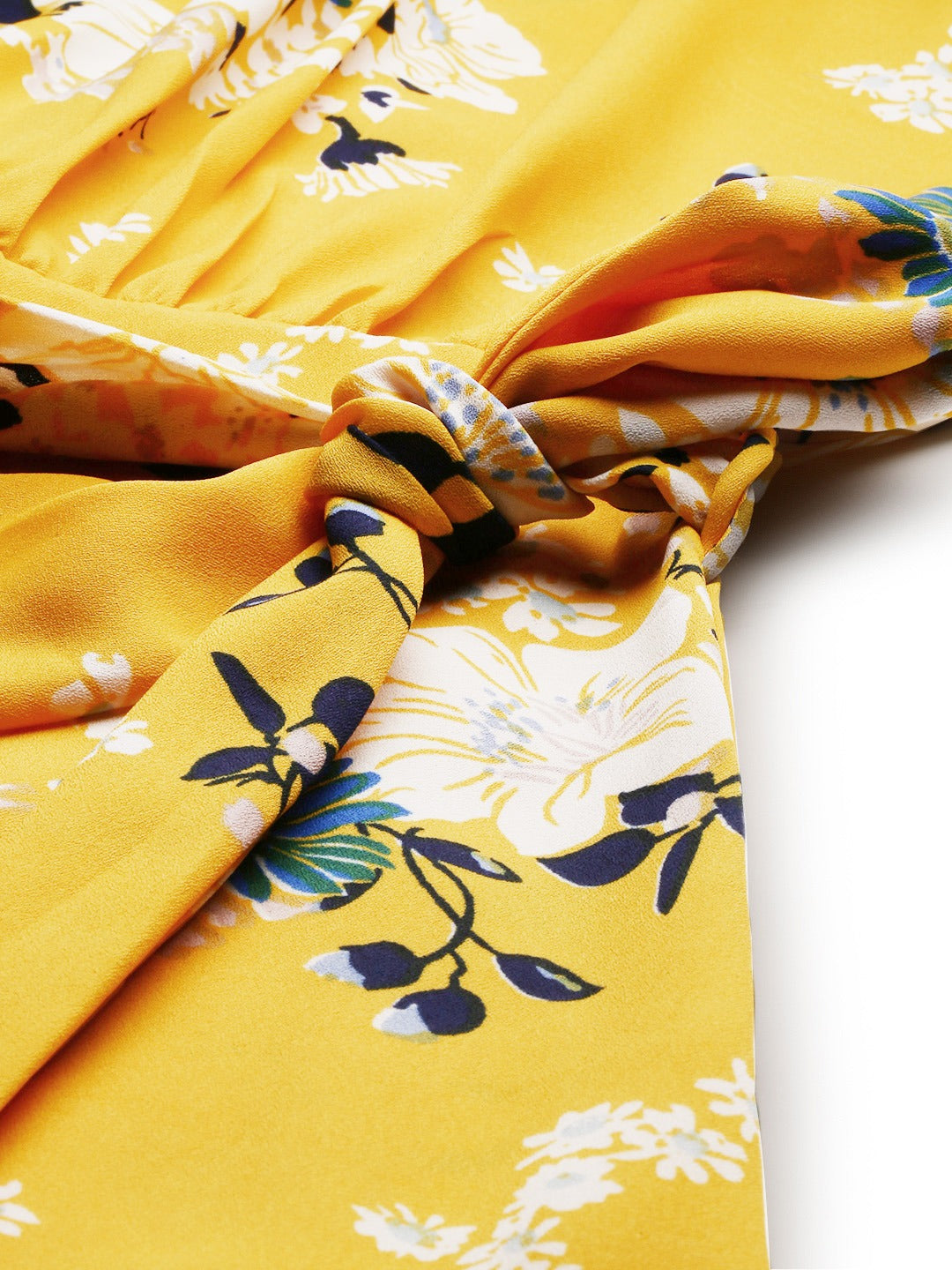 Yellow Floral Printed Side Knot Fit and Flare Dress