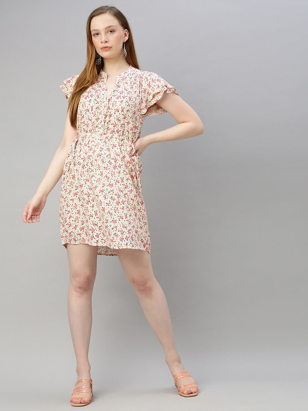Off-White & Pink Printed Fit and Flare Dress with Flutter Sleeves