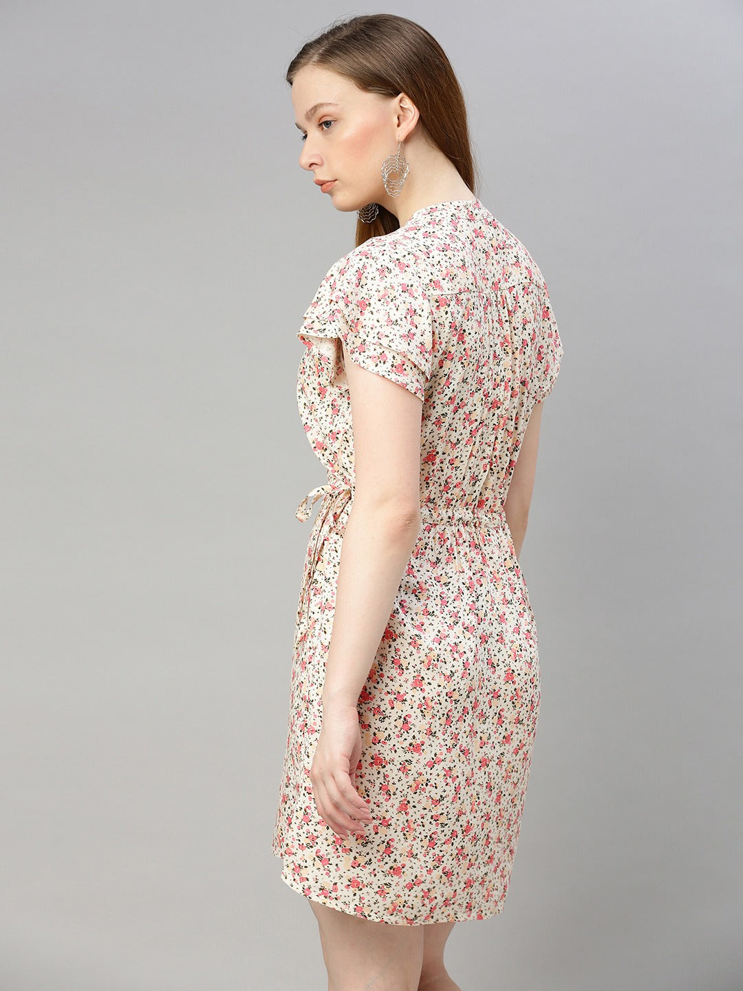 Off-White & Pink Printed Fit and Flare Dress with Flutter Sleeves