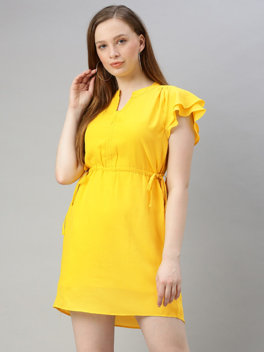 Yellow Solid Ruffle Sleeve Fit and Flare Dress