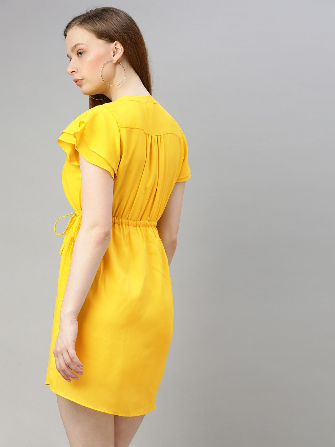 Yellow Solid Ruffle Sleeve Fit and Flare Dress
