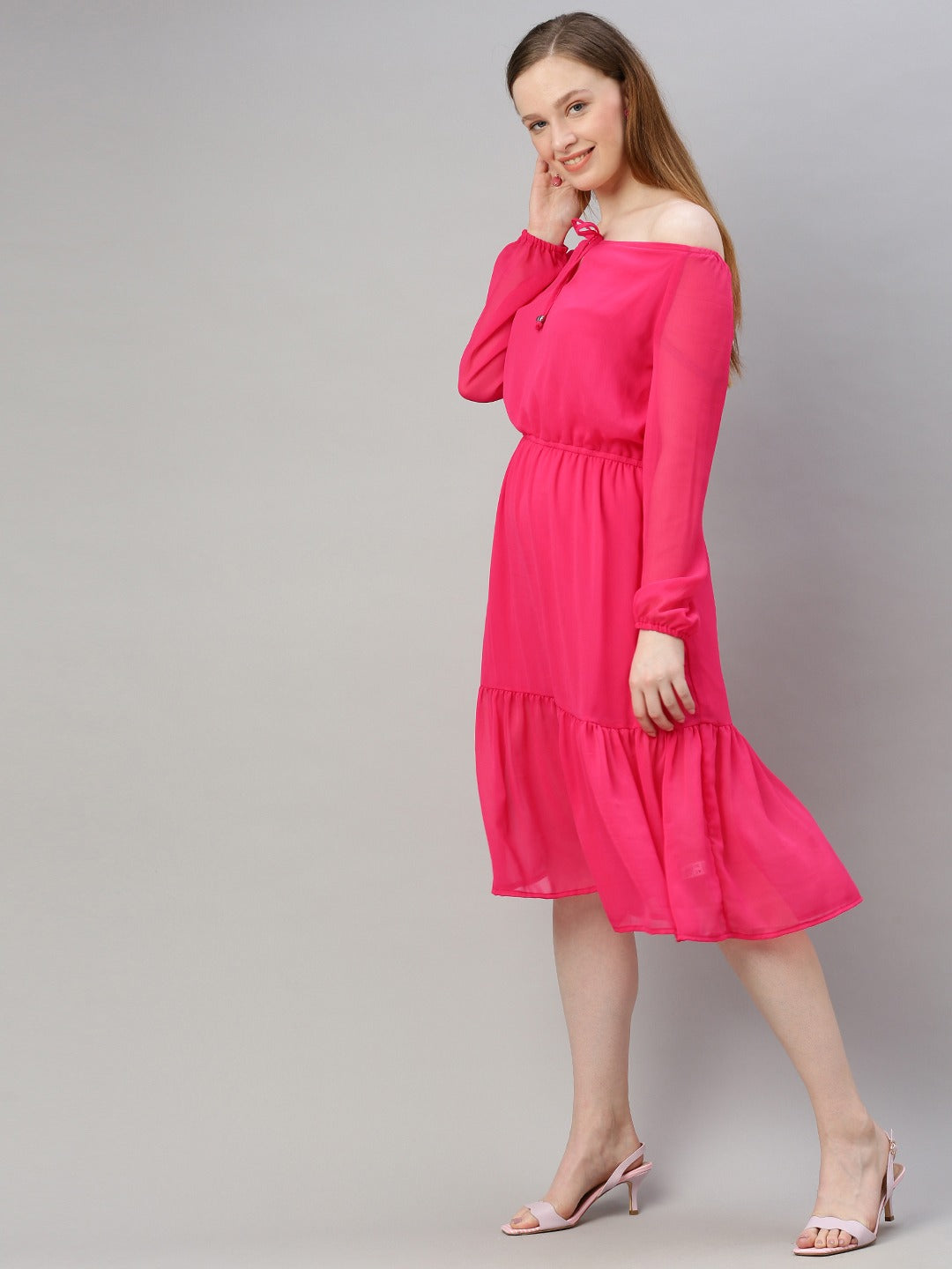 Pink Solid Off-Shoulder Fit and Flare Dress With Tie-Ups