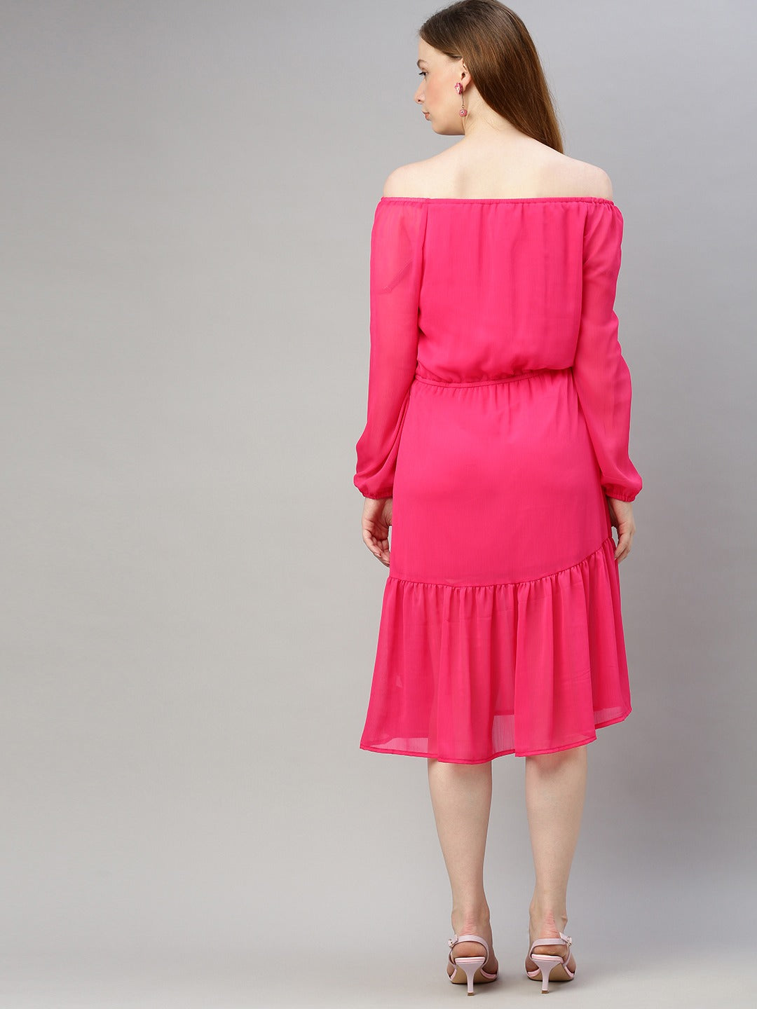 Pink Solid Off-Shoulder Fit and Flare Dress With Tie-Ups