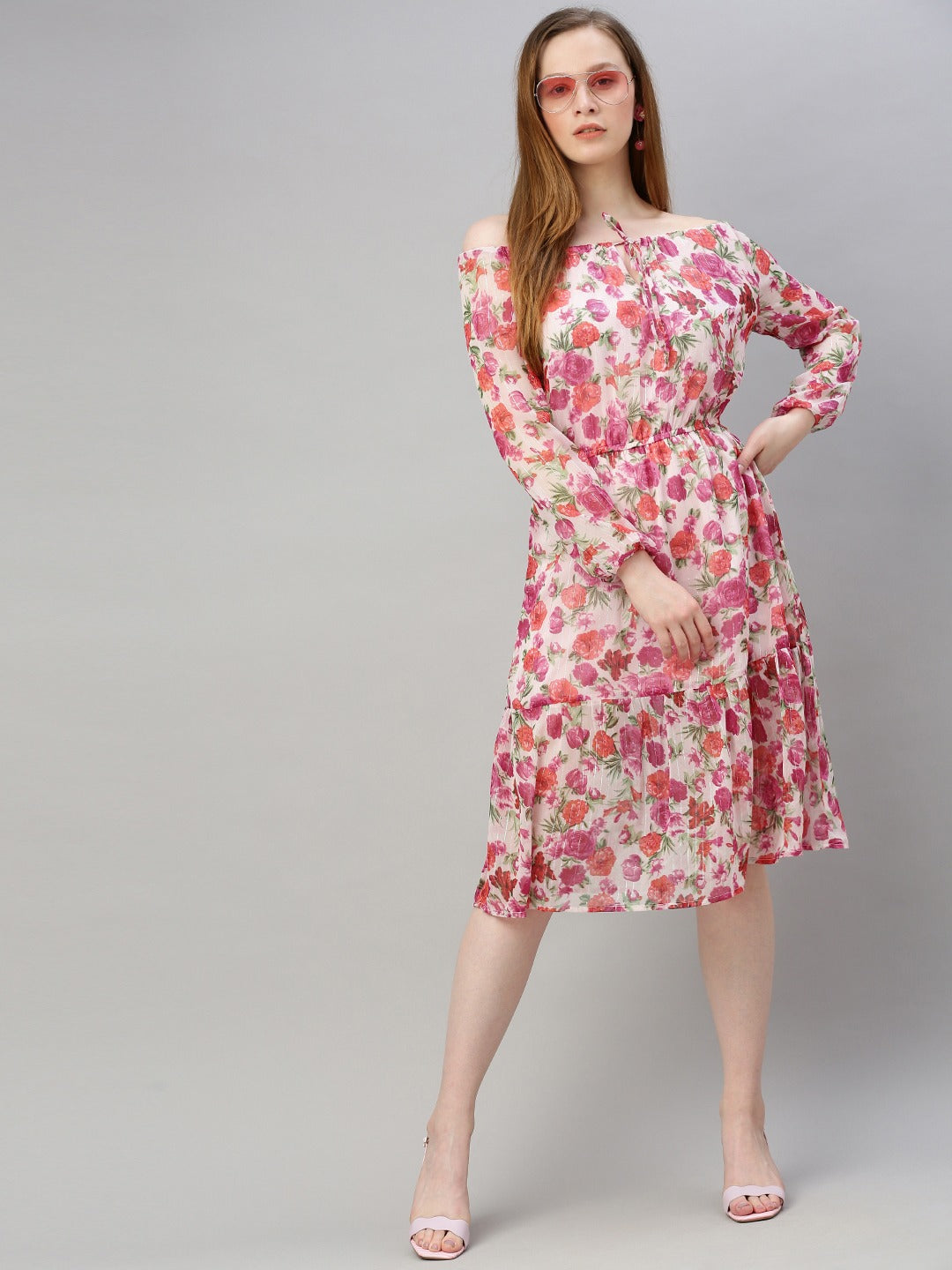 White & Pink Floral Printed Fit and Flare Dress With Tie-ups