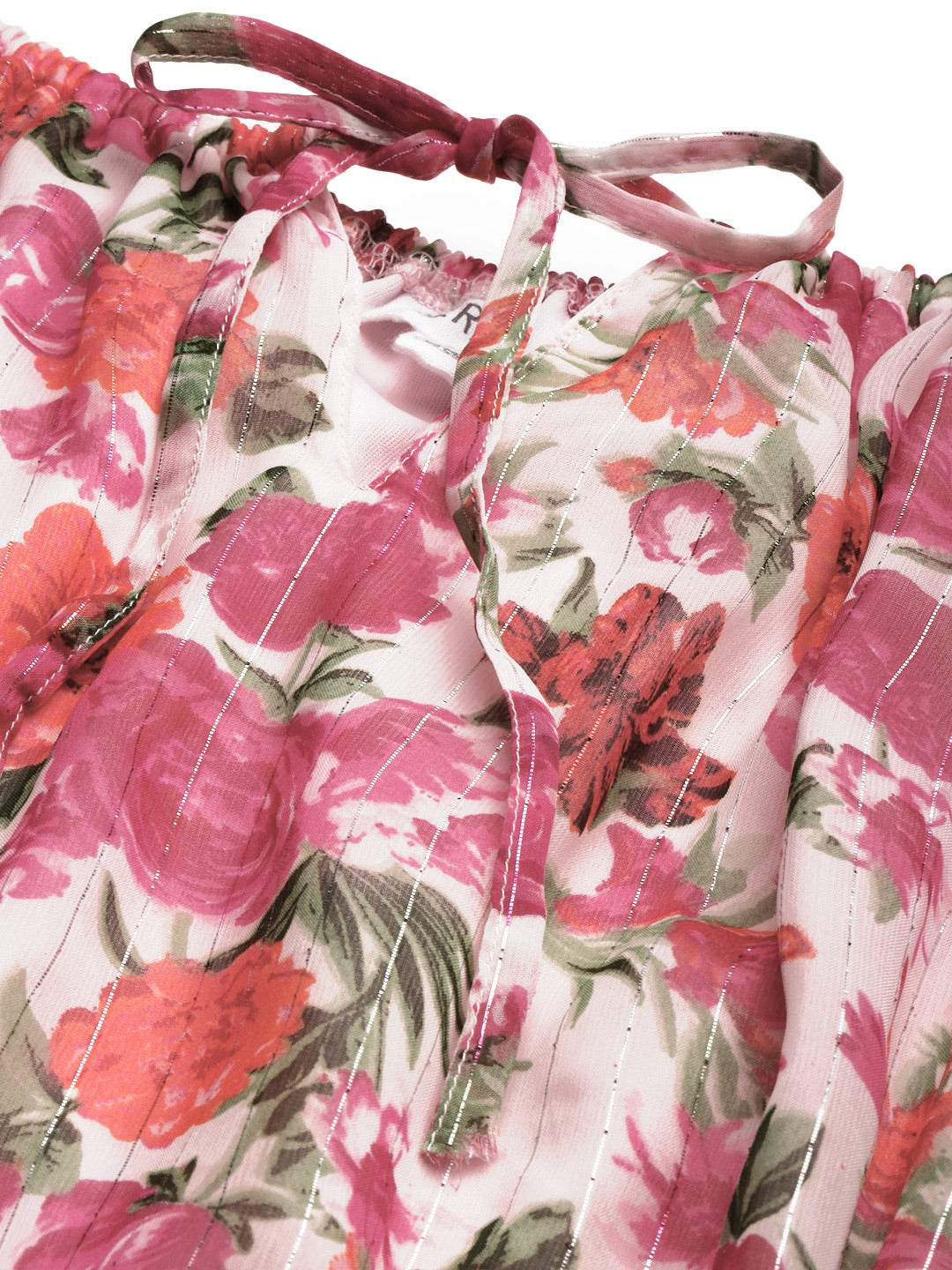 White & Pink Floral Printed Fit and Flare Dress With Tie-ups