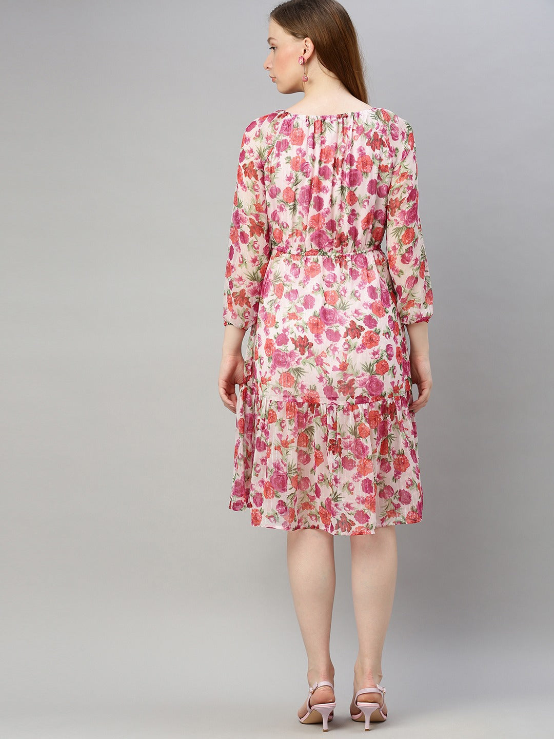 White & Pink Floral Printed Fit and Flare Dress With Tie-ups