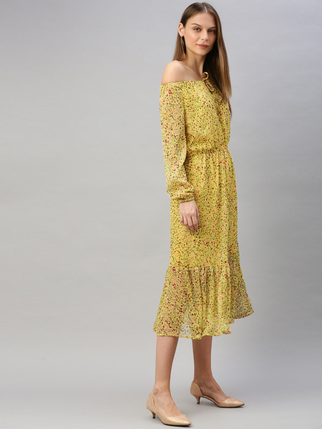 Yellow & Green Ditsy Floral Printed Fit and Flare Dress With Tie-ups