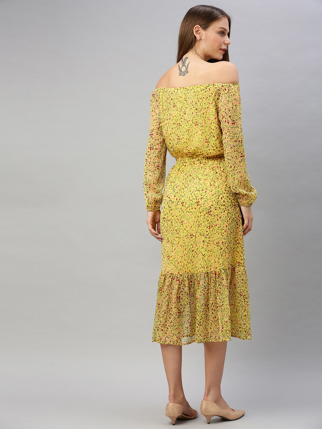 Yellow & Green Ditsy Floral Printed Fit and Flare Dress With Tie-ups