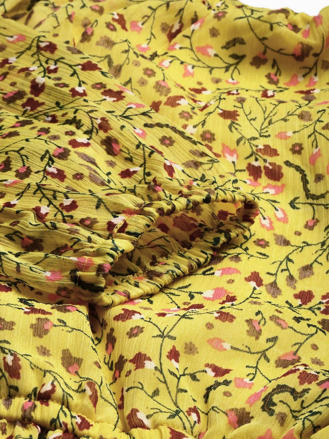 Yellow & Green Ditsy Floral Printed Fit and Flare Dress With Tie-ups