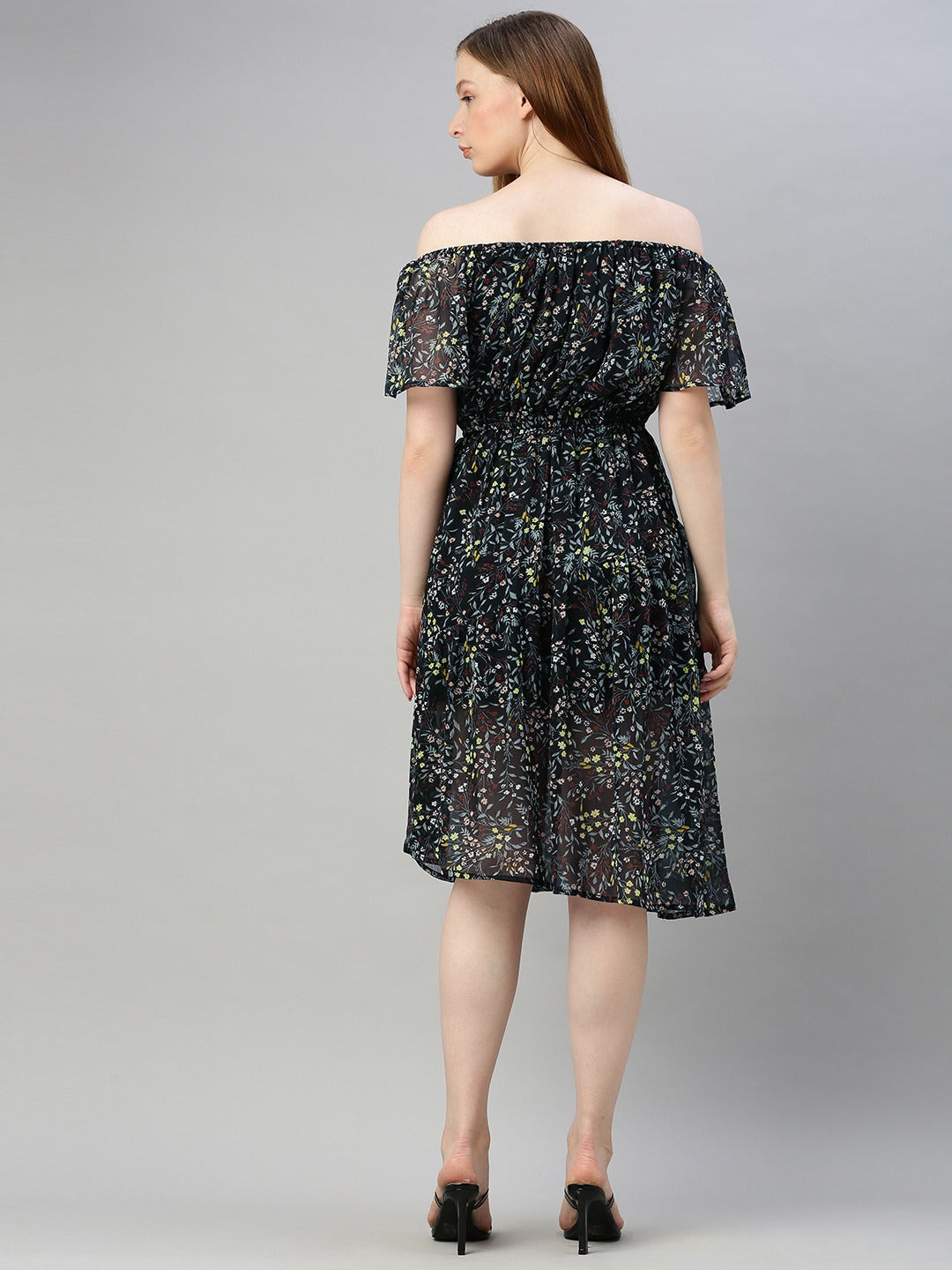 Black Floral Printed Off Shoulder Fit and Flare Dress