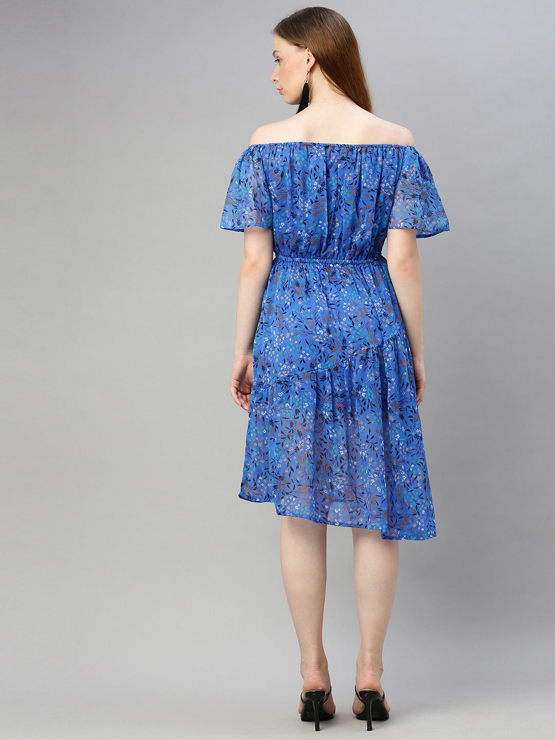 Blue & Black Floral Printed Off-Shoulder Fit and Flare Dress