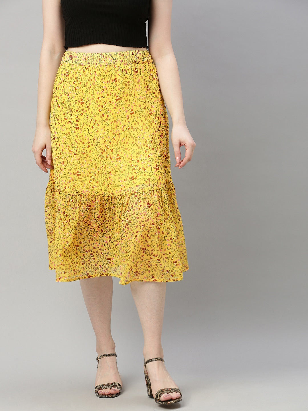 Yellow & Maroon Floral Printed Flared Skirt