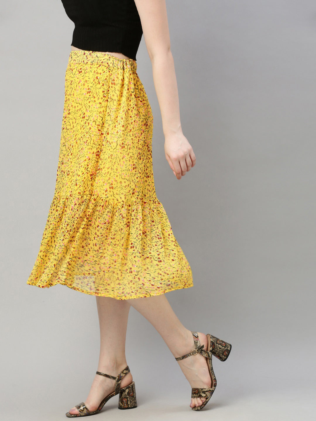 Yellow & Maroon Floral Printed Flared Skirt