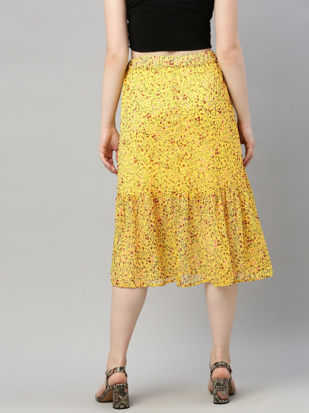 Yellow & Maroon Floral Printed Flared Skirt