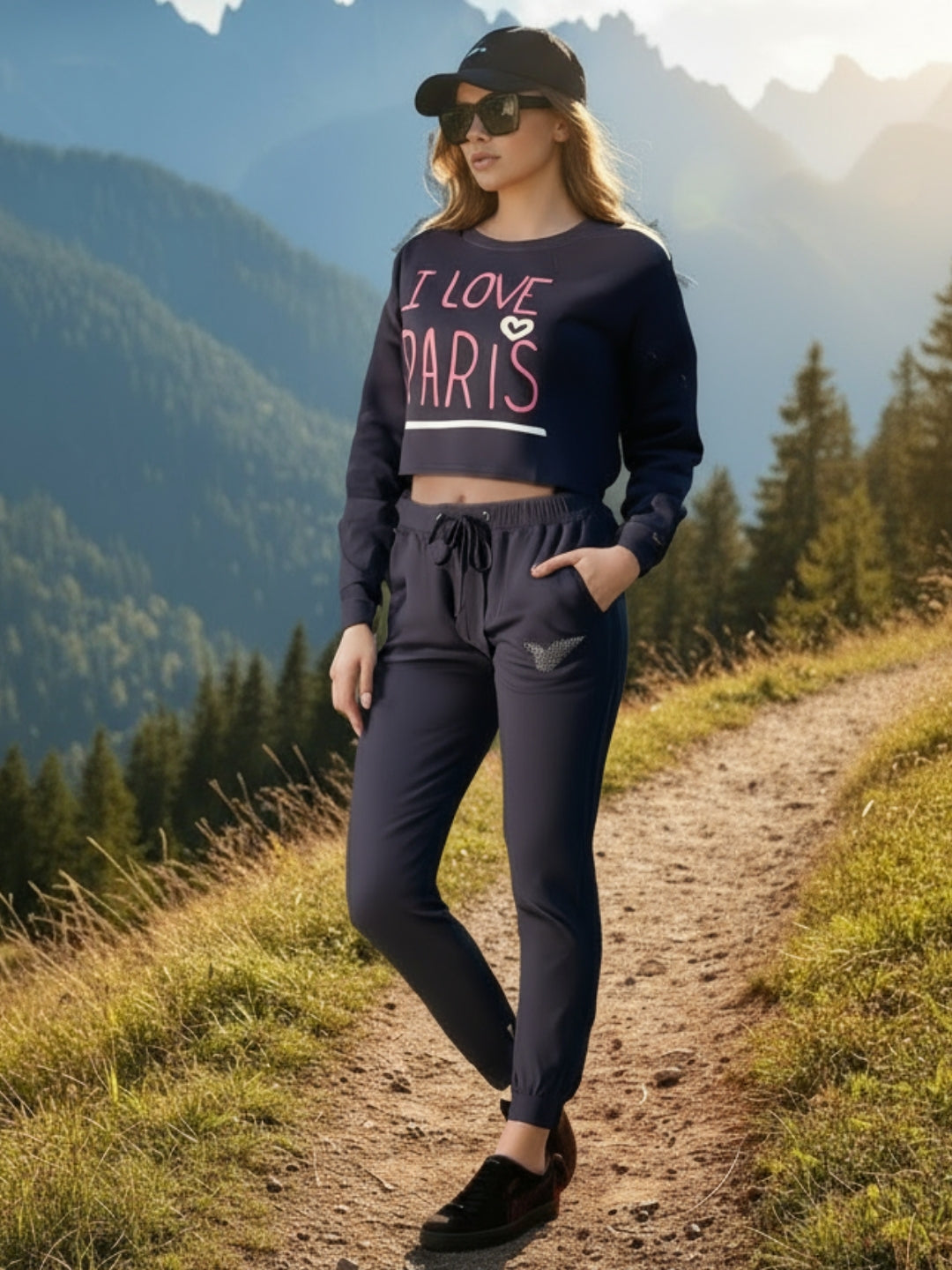 Navy Pink Printed Crop Sweatshirt for Women Trendy Winter Casual Wear