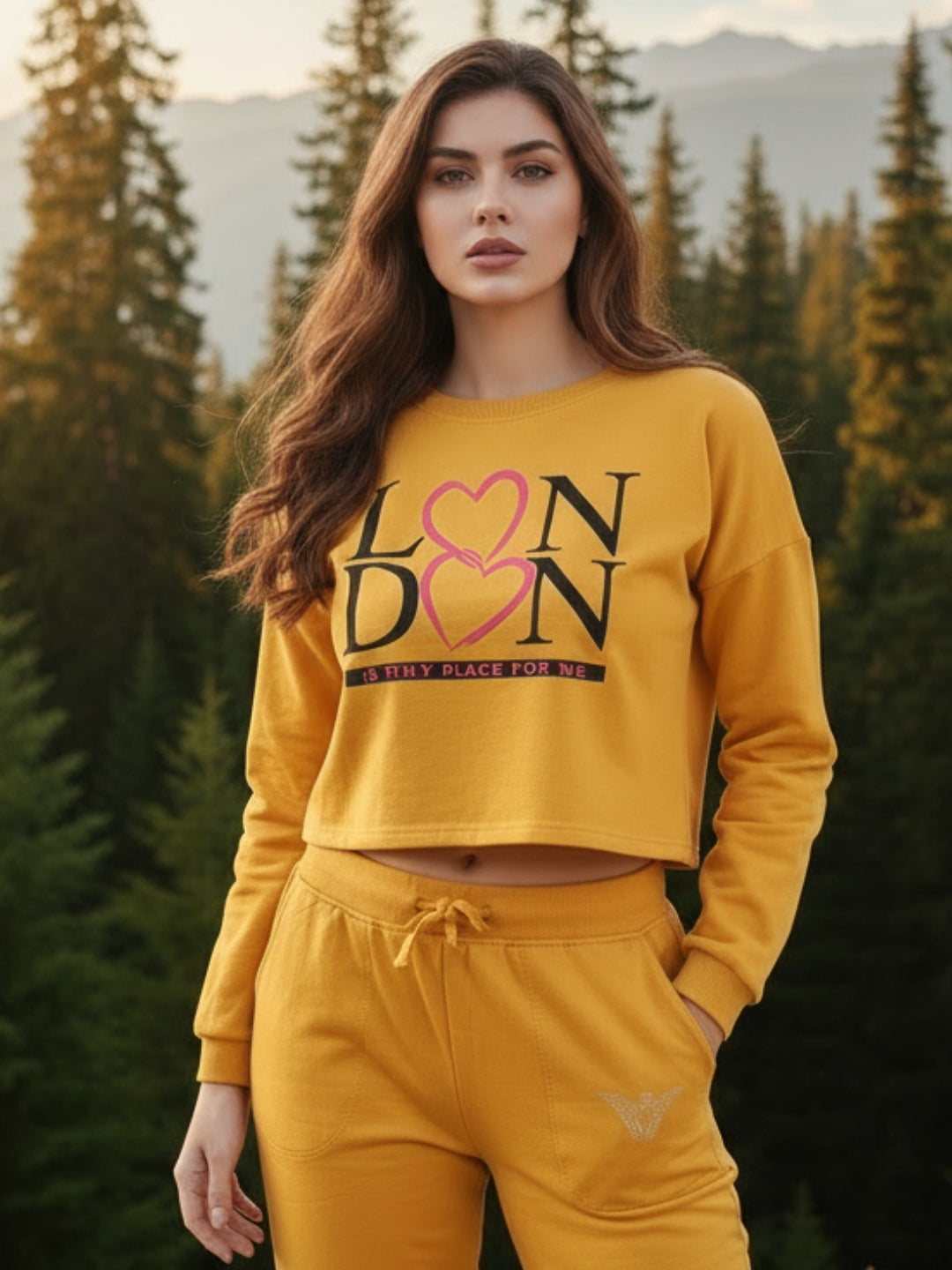 Mustard Yellow Printed Crop Sweatshirt for Women Trendy Winter Casual Wear