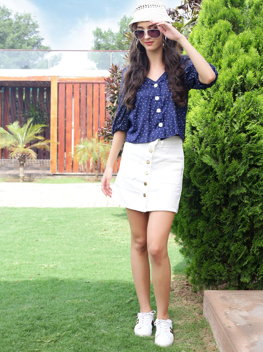 Polka Dot Baloon Sleeve Crop Top