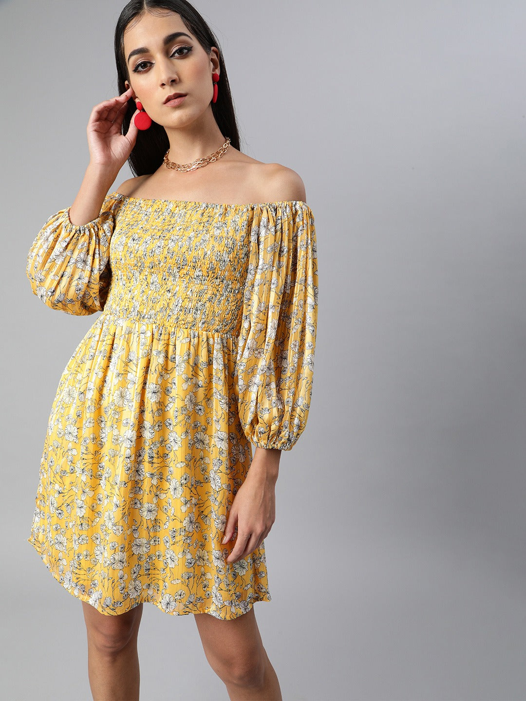 Smocked volume sleeve dress