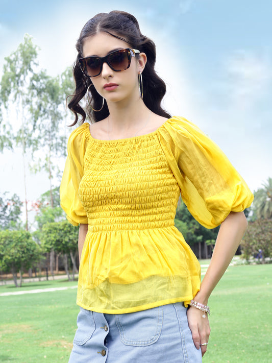 Smocked Fitted Baloon Sleeve Boho Top