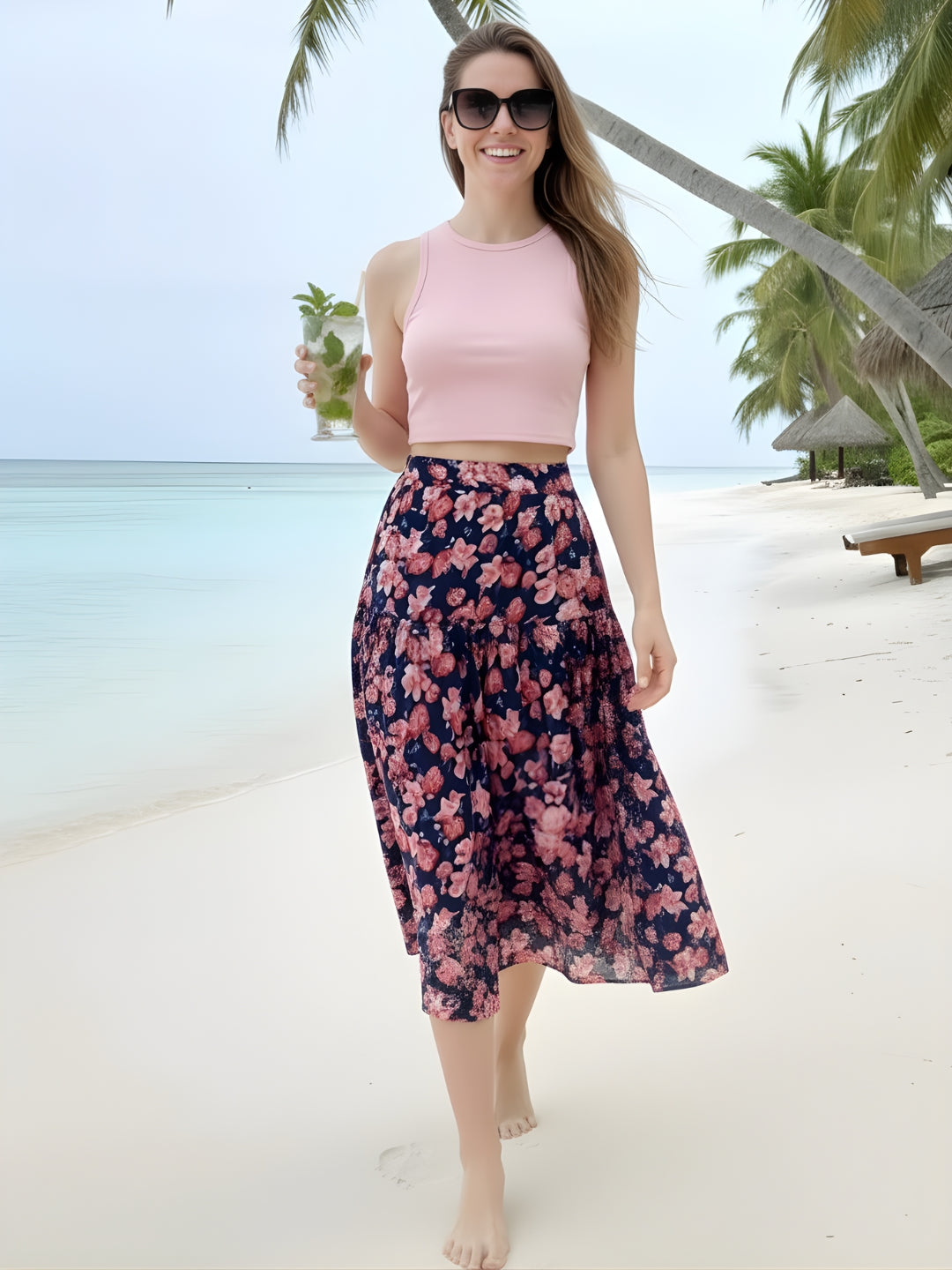 Navy Blue Floral Midi Skirt for Women | Summer Casual A-Line Skirt | Vacation & Daywear