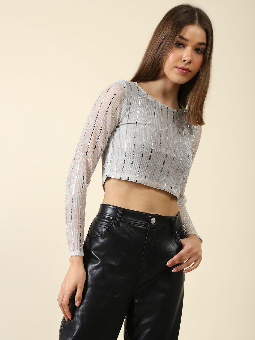 White Sequence Crop Top