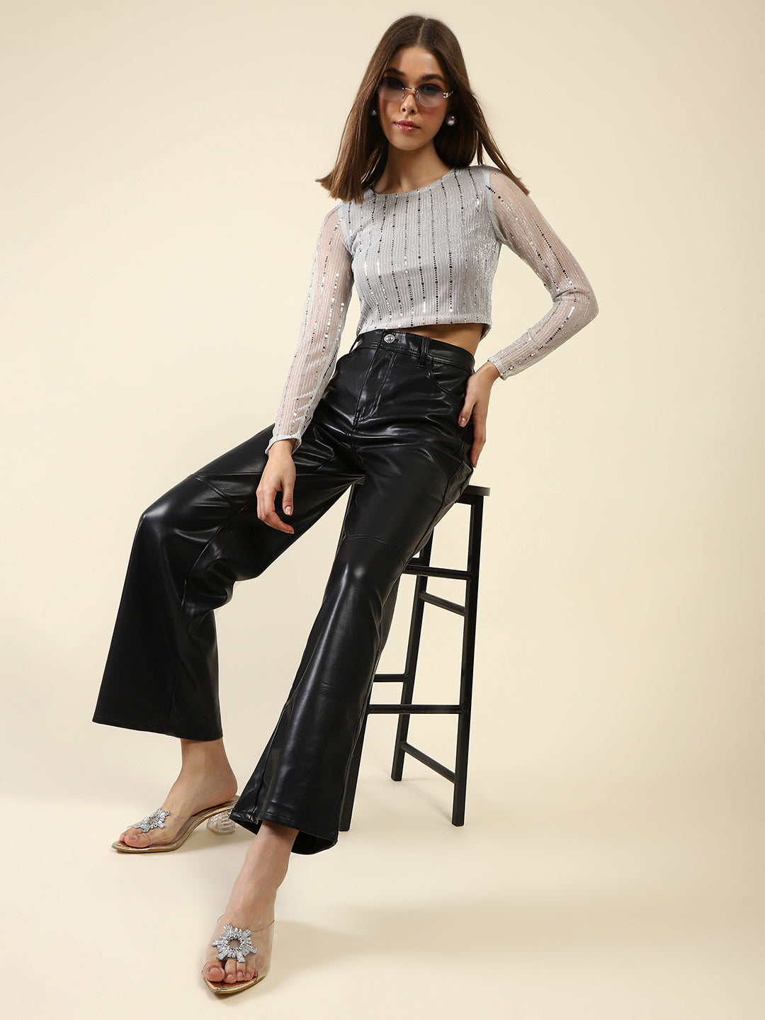 White Sequence Crop Top