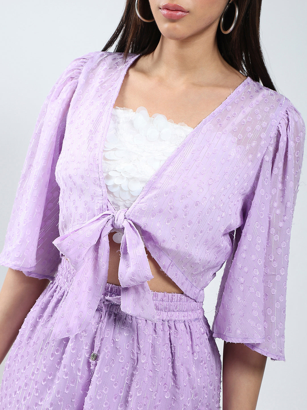 Sera Purple Self Design Shrug Shorts Cord-Set