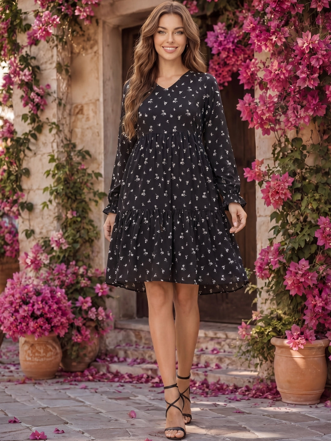 Crepe Floral A-Line Knee Dress