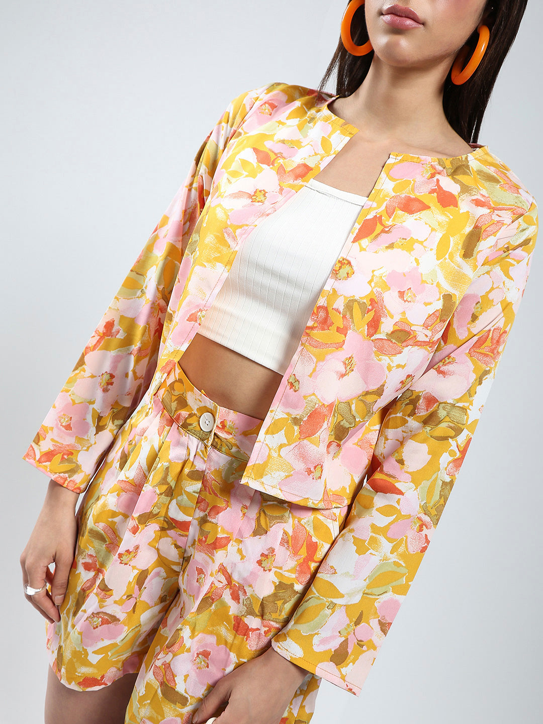 Sera Yellow Printed Shrug Shorts Cord-Set
