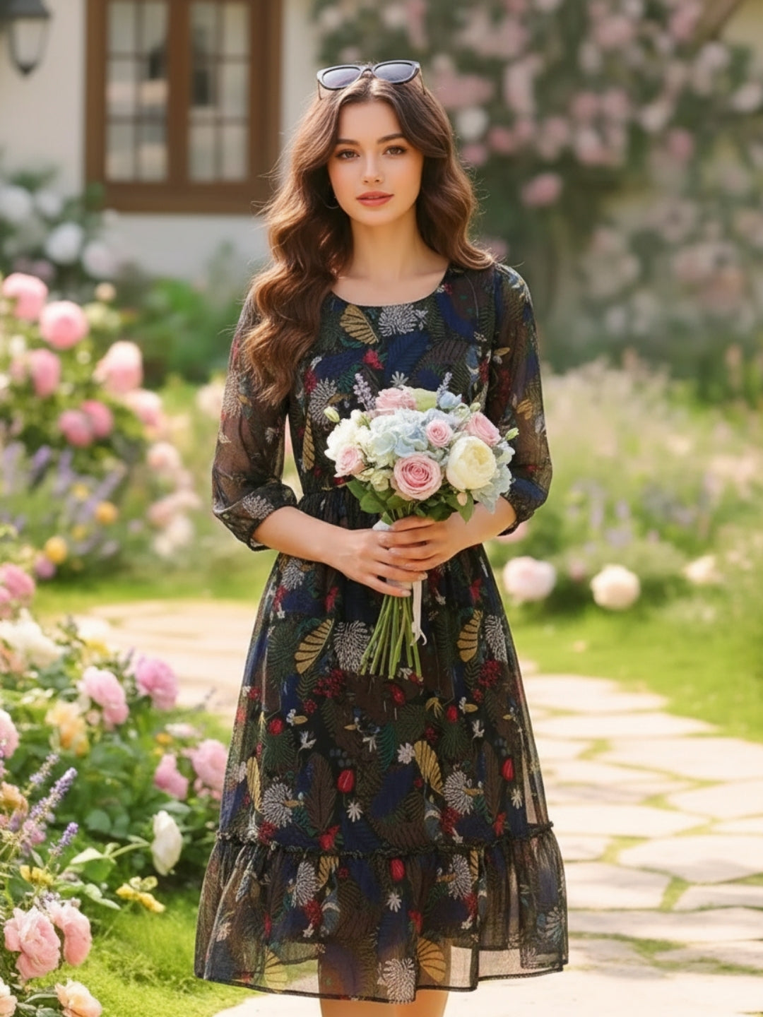 Sera Printed Round Neck Fit and Flare Long Sleeves Knee Length Dresses