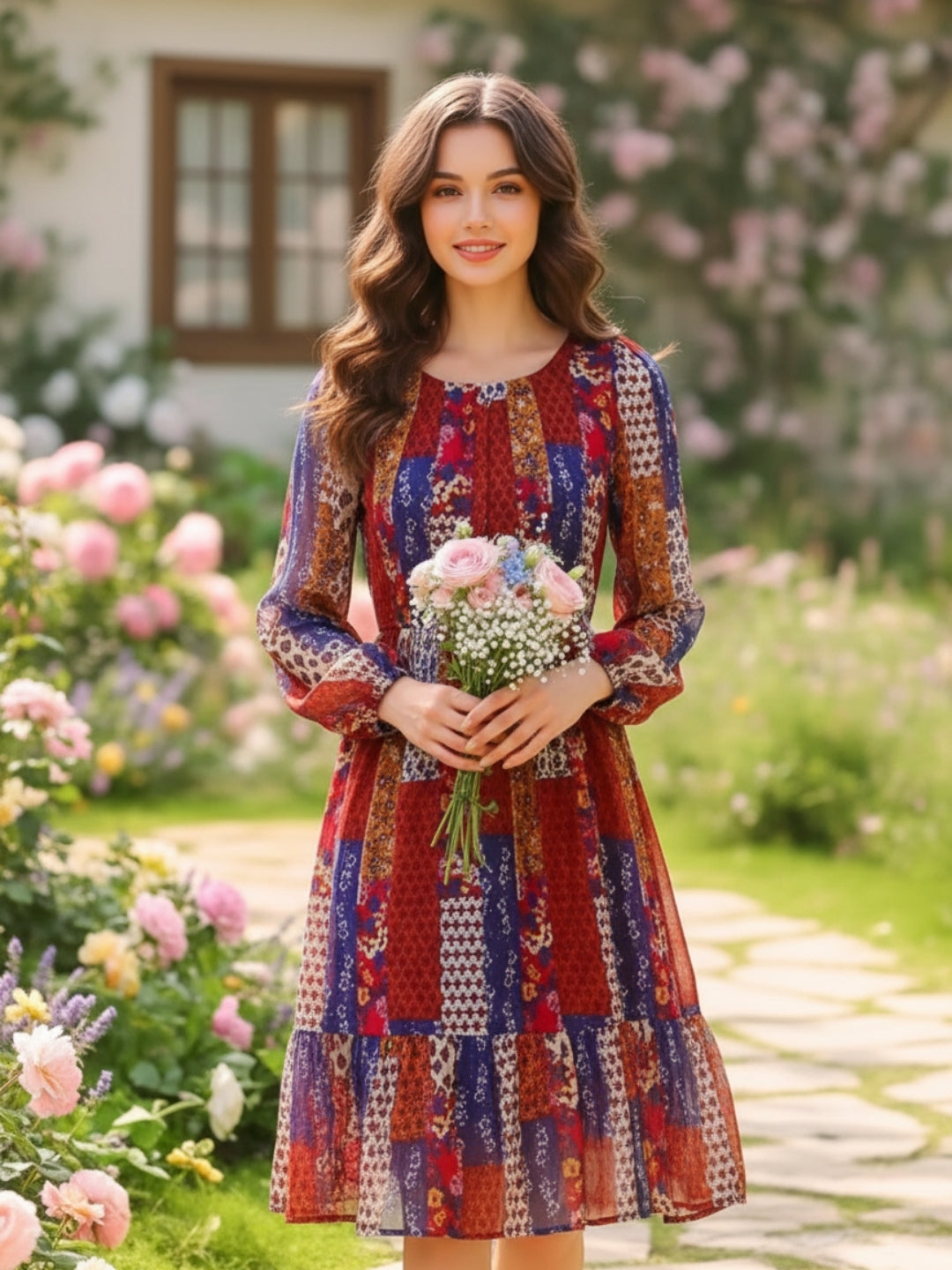 Sera Printed Round Neck Fit and Flare Long Sleeves Knee Length Dresses